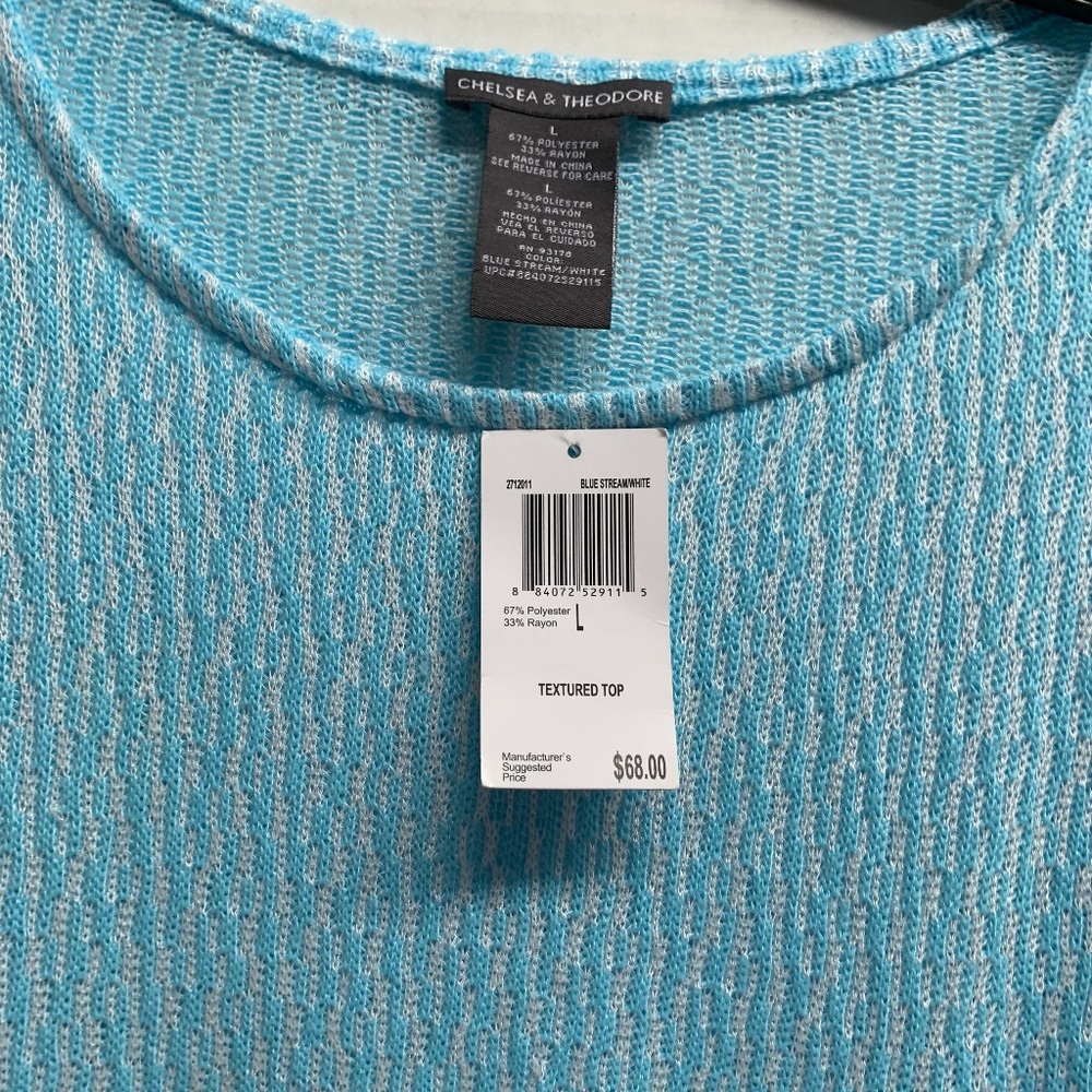 New Chelsea and Theodore Womens Sz L Blue Lightweight Sweater Tunic Textured Top - Picture 3 of 4